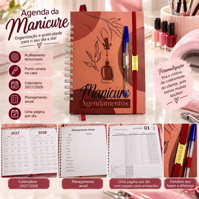 Agenda de agendamentos com capa terracota texturizada, ilustração de esmalte e porta-caneta