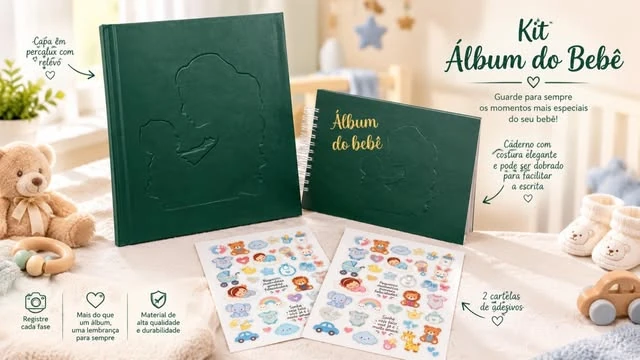Kit Álbum do Bebê com capa verde em relevo e cartelas de adesivos