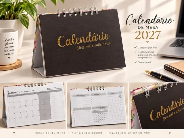 Calendário de mesa 2027 com capa preta e título dourado
