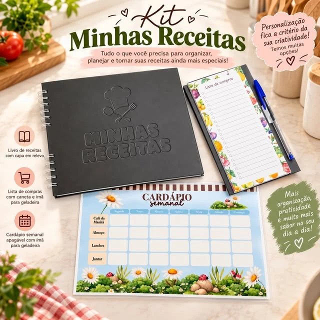 Kit Minhas Receitas com livro de capa preta, lista de compras e cardápio semanal