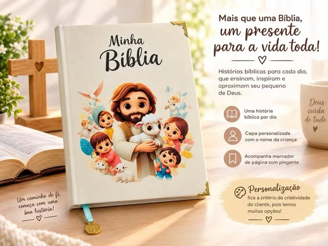 Bíblia infantil com capa personalizada e ilustração de Jesus com crianças e ovelhas